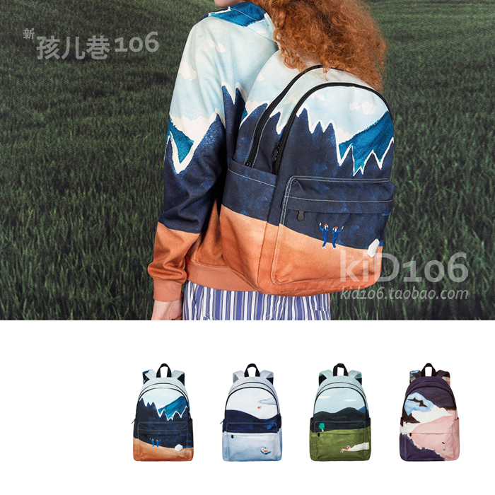 风景帆布印花学生双肩包