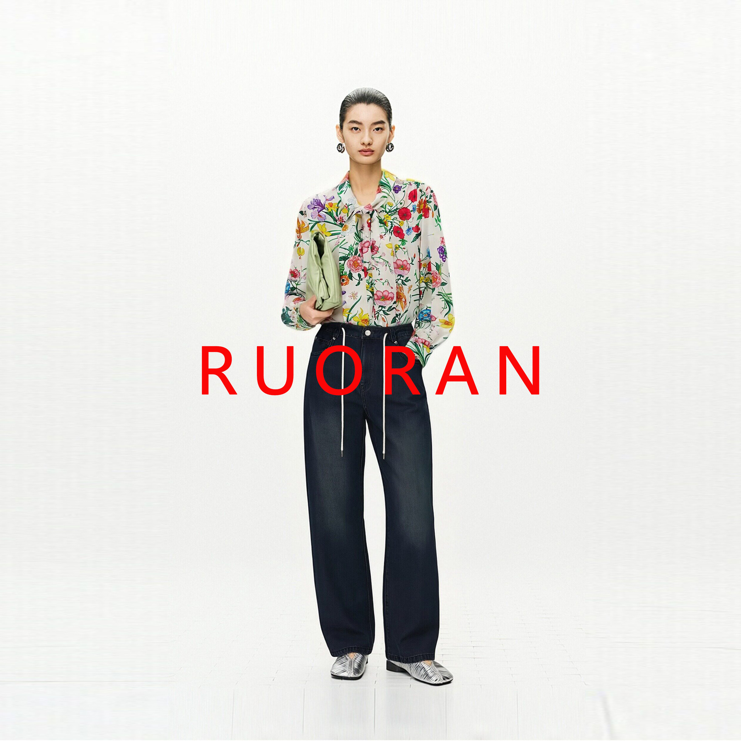 RUORAN【花境绮梦】春夏新款桑蚕丝印花高级感飘带衬衫