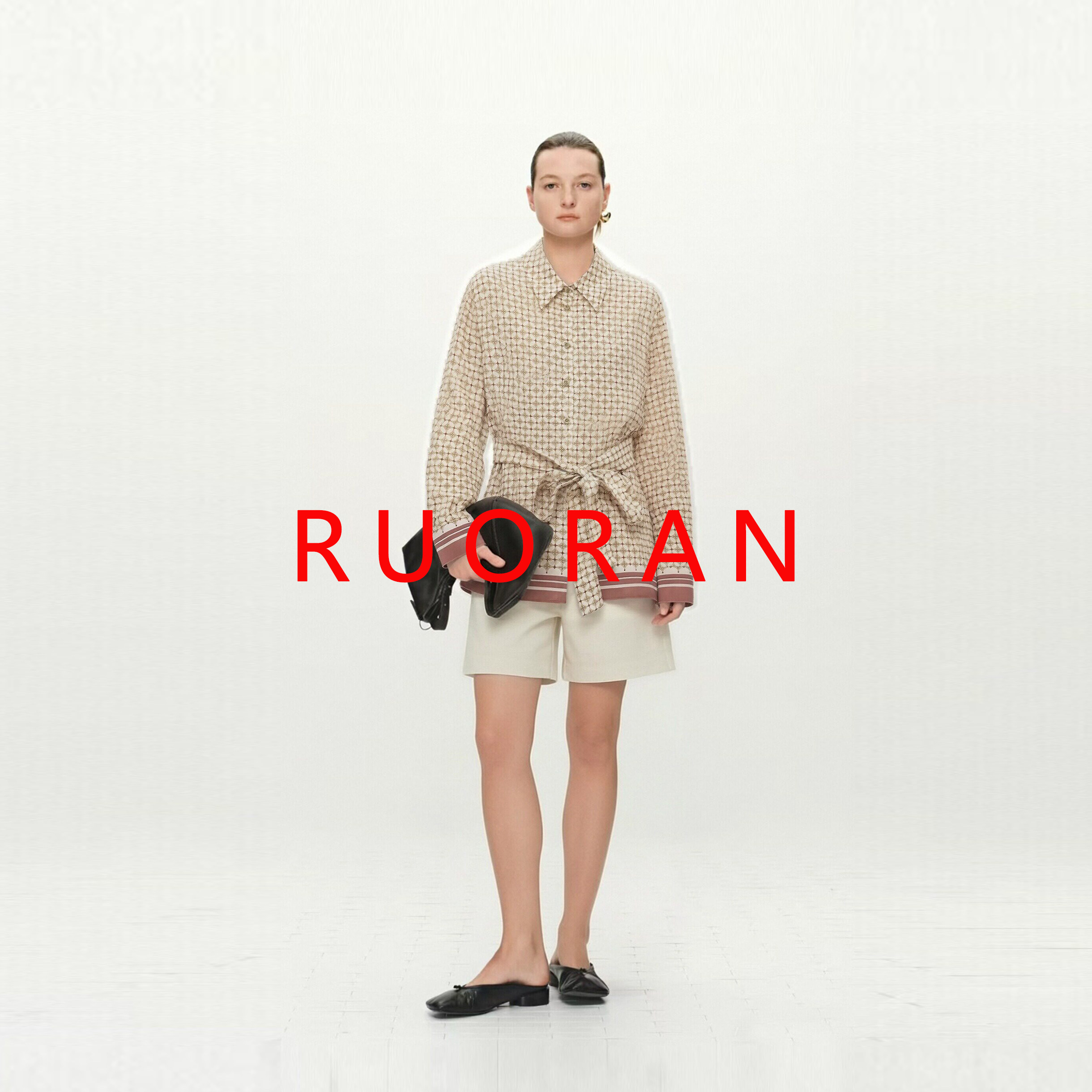 RUORAN Max*ra春夏新款桑蚕丝几何印花绑带优雅高级感衬衫