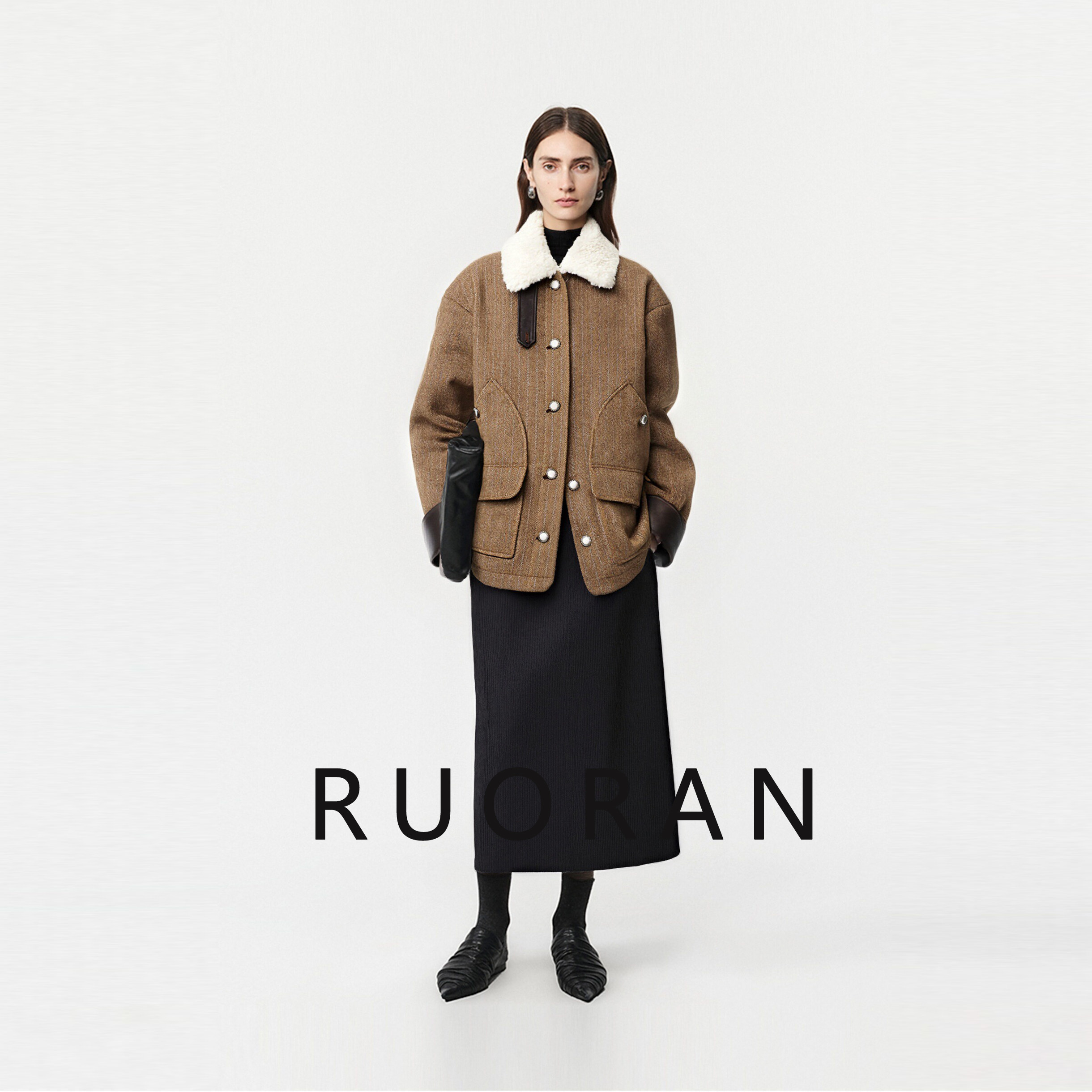 RUORAN秋冬新款人字纹可可棕可摘卸羊毛羔毛领拼皮领夹克毛呢外套