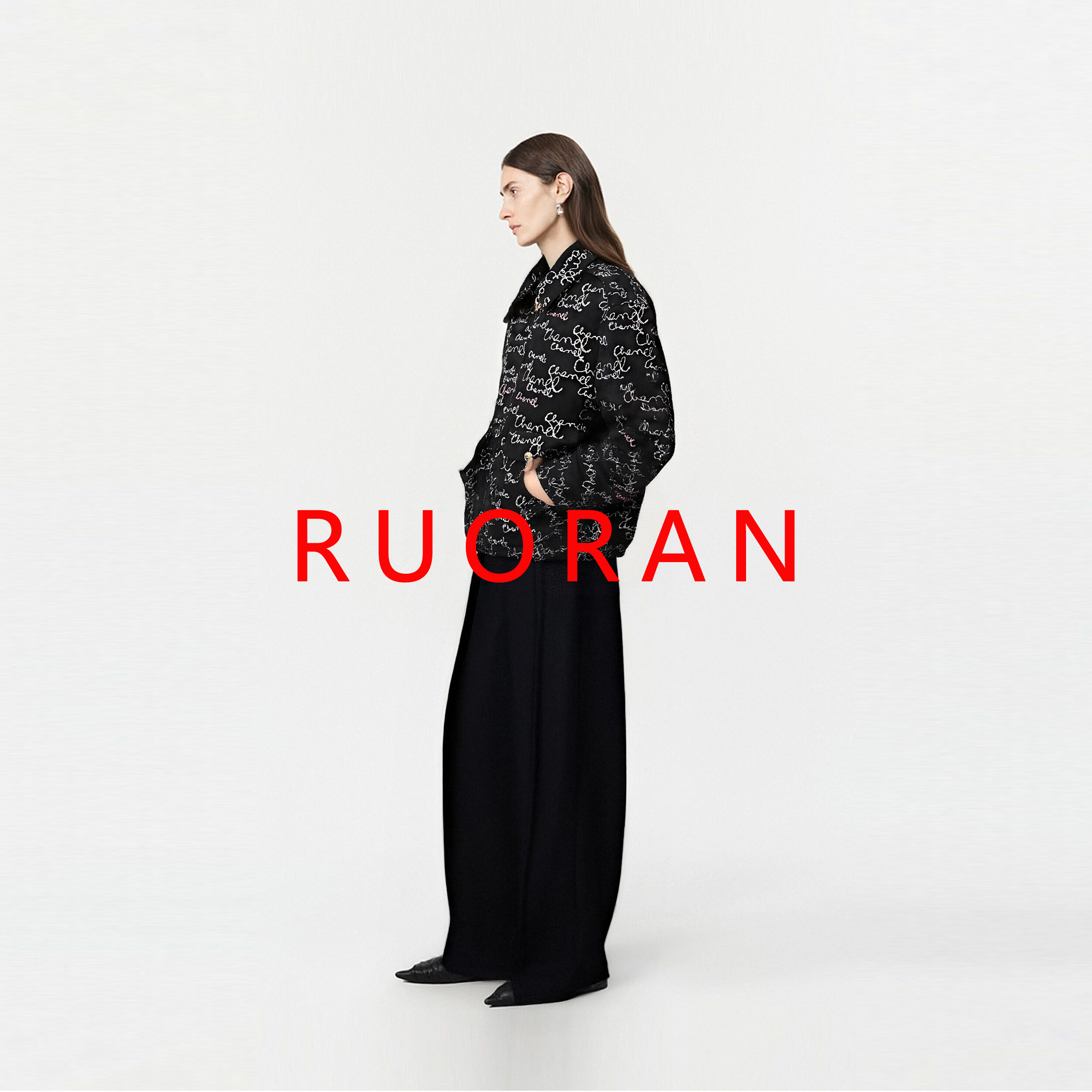 RUORAN 春夏新款小香风刺绣钉珠黑色羊毛卫衣时髦男女同款外套