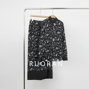 高级感印花黑色桑蚕丝真丝衬衫 RUORAN2024早秋新款 女 花与鸿