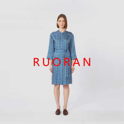 RUORAN【跃马蓝调】新款春夏高级中长款印花感桑蚕丝衬衫连衣裙