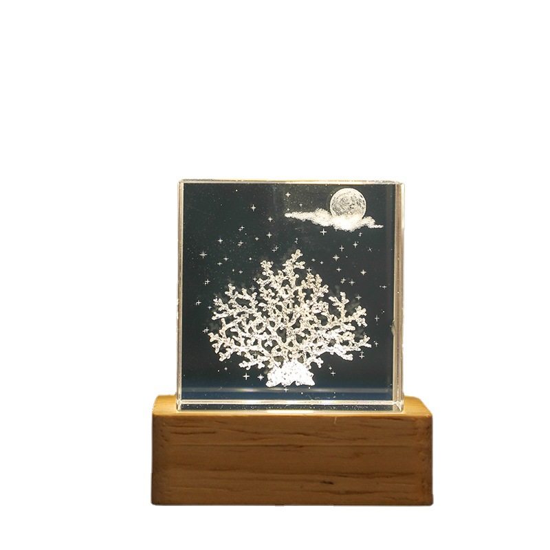 水晶方体内雕摆件3D立体海豚海星水母立方体工艺品小夜灯摆件代发