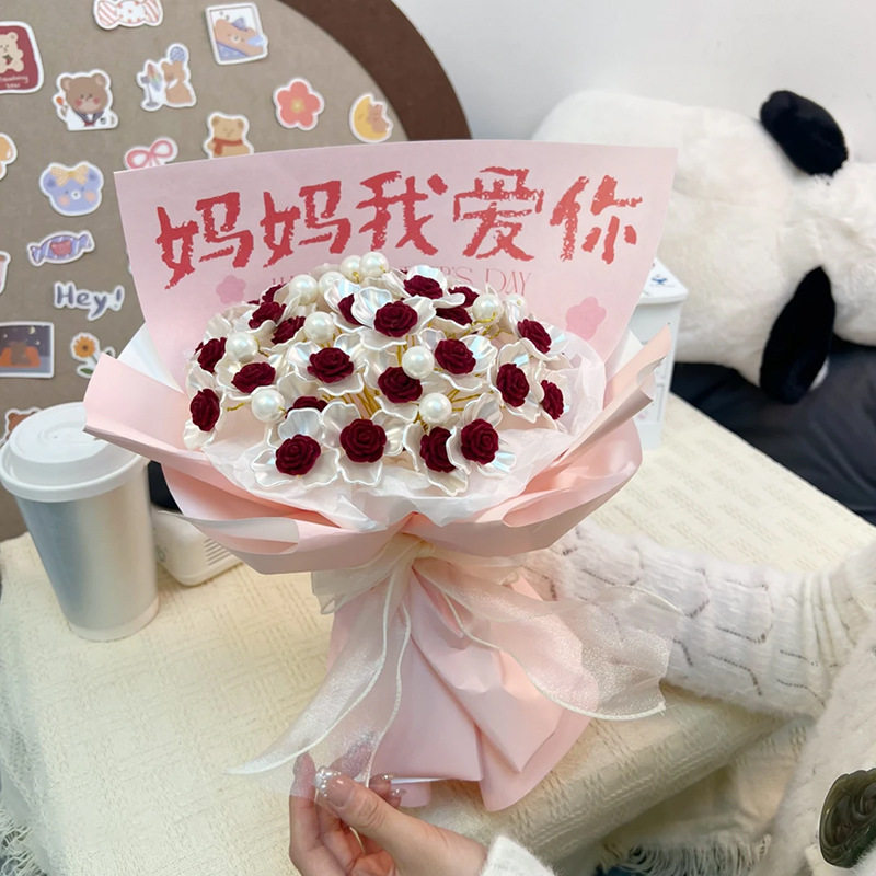 母亲节礼物仿真花玉兰花送妈妈手工diy植绒玫瑰花束手捧花材料包