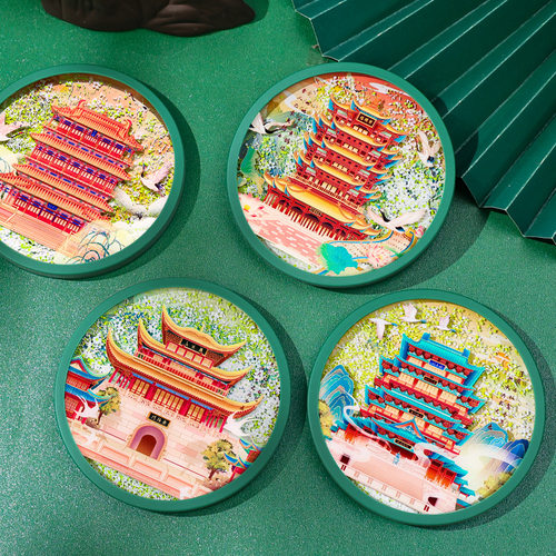 AR流沙杯垫冰箱贴亚克力古风鹳雀楼黄鹤楼岳阳楼滕王阁旅行伴手礼