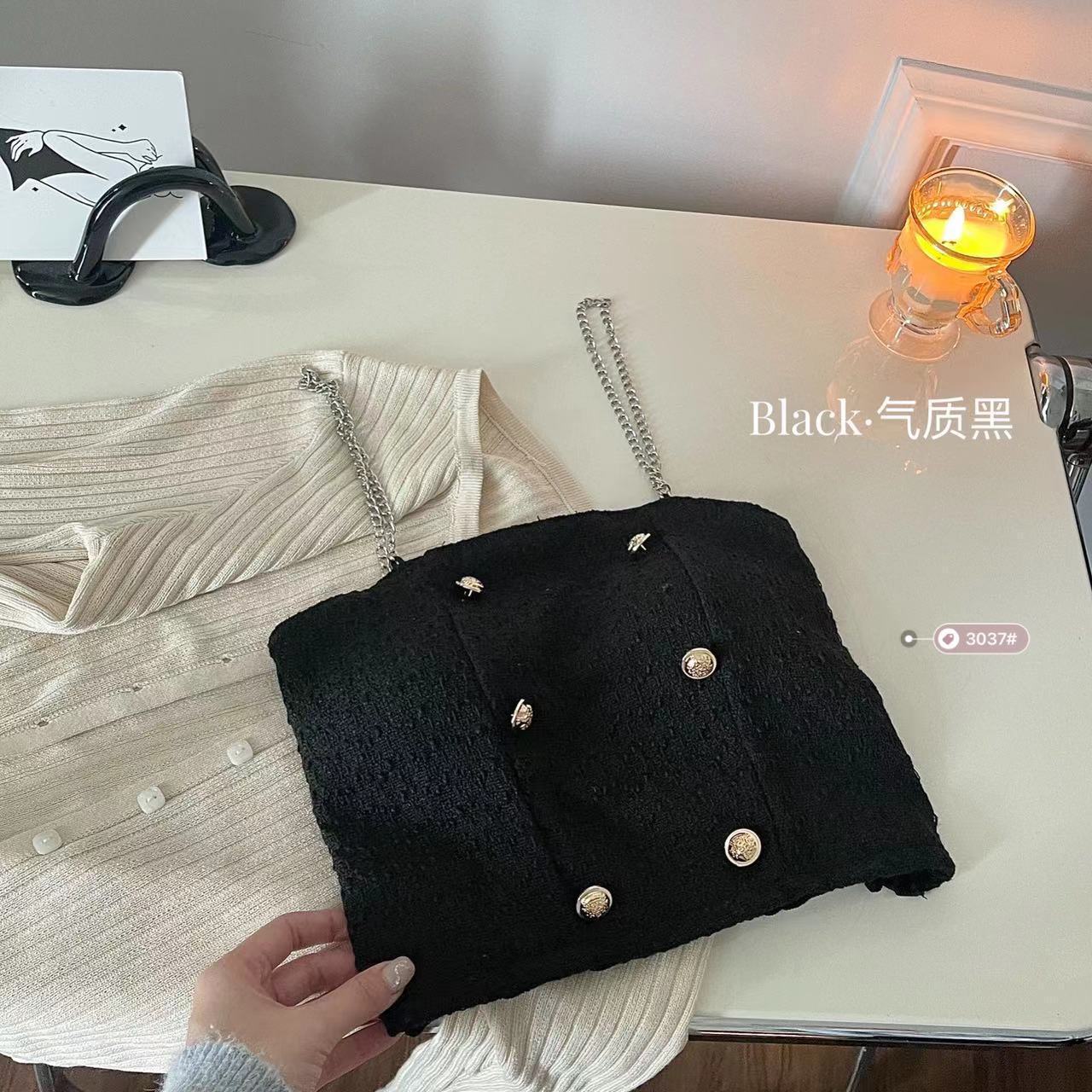 小香风吊带背心女带胸垫纯欲内搭纽扣内衣设计感链条法式美背抹胸