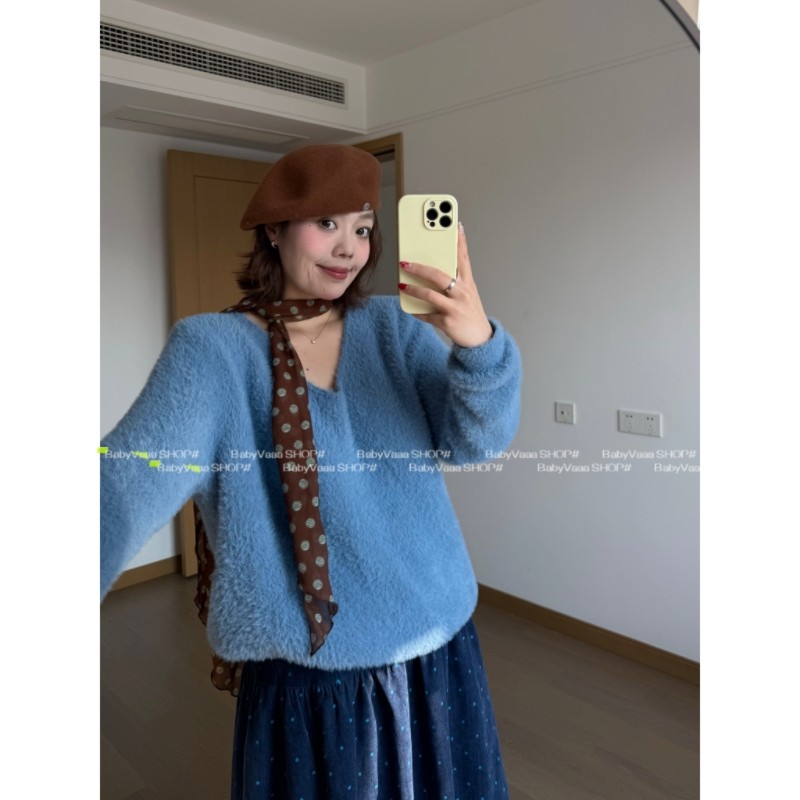 【雾蓝冰岛】秋冬新款V领微胖大码显瘦套头长毛款蓝色毛衣 L9185,女装/女士精品,毛衣,淘宝优惠券,粉丝福利购,淘宝优惠卷