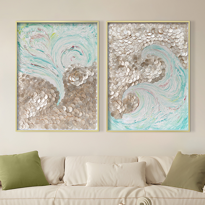 创意天然贝壳装饰画壁饰挂画法式风景手绘油画客餐厅背景墙两联画图片