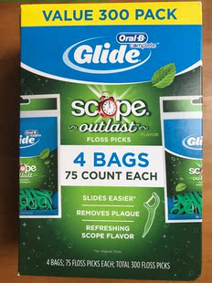 美国进口OralB欧乐BGlide Scope扁线牙签牙线棒4连包300支 牙线盒