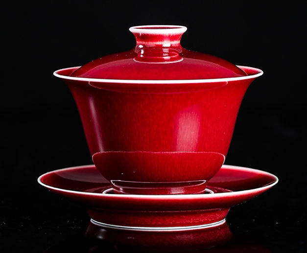 晓山堂 景德镇 全手工郎红盖碗 颜色釉 牛毛纹