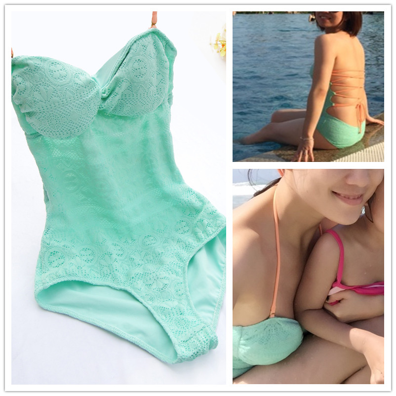 维多利亚小胸聚拢显瘦遮肚蕾丝绑带露背连体泳衣女 度假温泉游泳