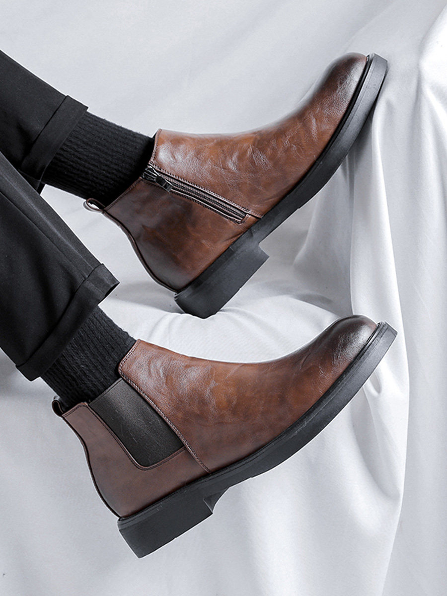 SIDE ZIPPER CHELSEA BOOTS MENS ANKLE BOOTIES LEATHER HIGH-TOP SOFT SOLE BRITISH LEATHER KOREAN BOOTIES LAZY MARTIN BOOTS