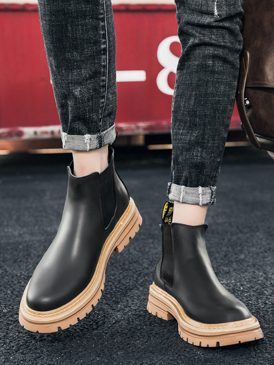 CHELSEA BOOTS MENS LEATHER SPRING AND AUTUMN HIGH-TOP COTTON SHOES MARTIN BOOTS BRITISH MID-TOP WINTER FLEECE BOOTIES CARGO SHOES