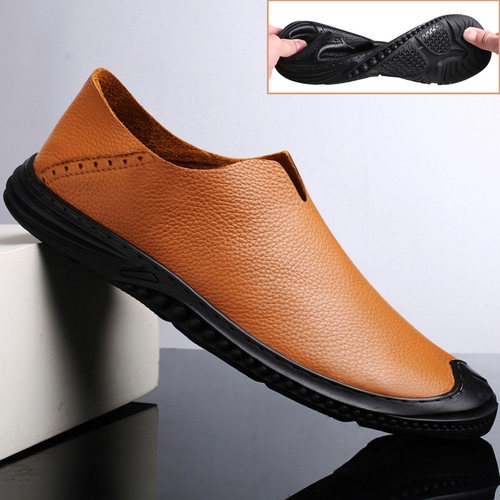 单层牛皮豆豆鞋夏季透气懒人皮鞋