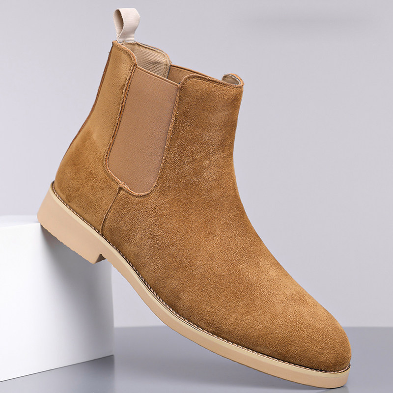 尖头反绒切尔西靴男韩版潮流休闲高帮马丁靴一脚蹬真皮英伦西装鞋