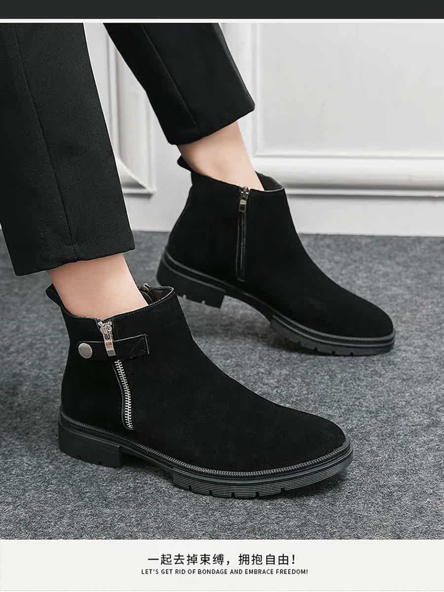 LEATHER CHELSEA BOOTSMENS SIDE ZIPPER POINTED TOE SUEDE BRITISH TREND VINTAGE BOOTIES HIGH-TOP CASUAL LEATHER SHOES