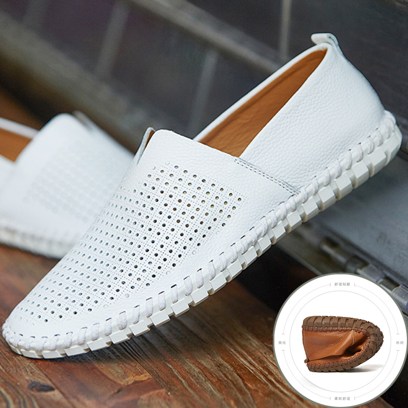 头层牛皮白色一脚蹬男鞋豆豆鞋男真皮2025年夏季软底开车休闲皮鞋