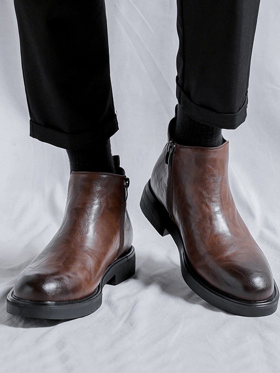 SIDE ZIPPER CHELSEA BOOTS MENS ANKLE BOOTIES LEATHER HIGH-TOP SOFT SOLE BRITISH LEATHER KOREAN BOOTIES LAZY MARTIN BOOTS