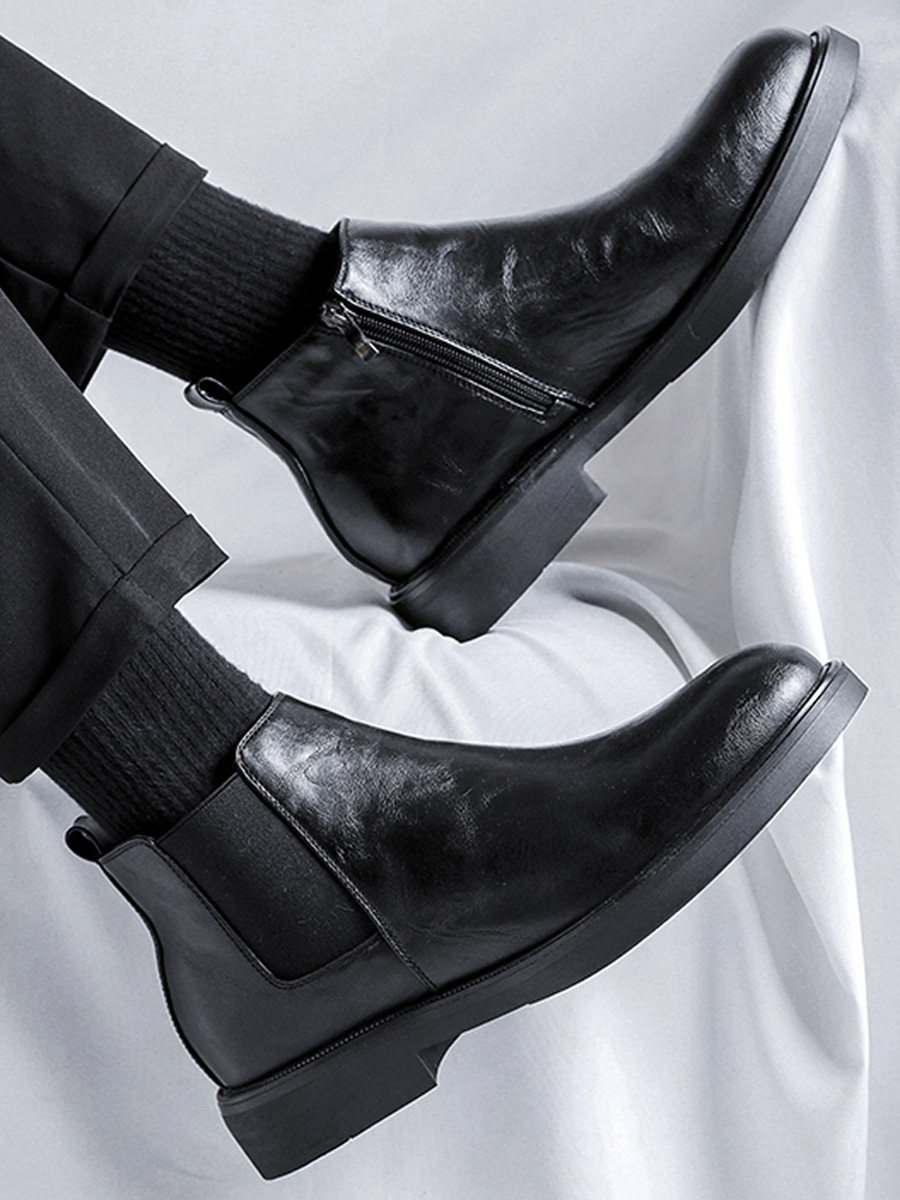 SIDE ZIPPER CHELSEA BOOTS MENS ANKLE BOOTIES LEATHER HIGH-TOP SOFT SOLE BRITISH LEATHER KOREAN BOOTIES LAZY MARTIN BOOTS