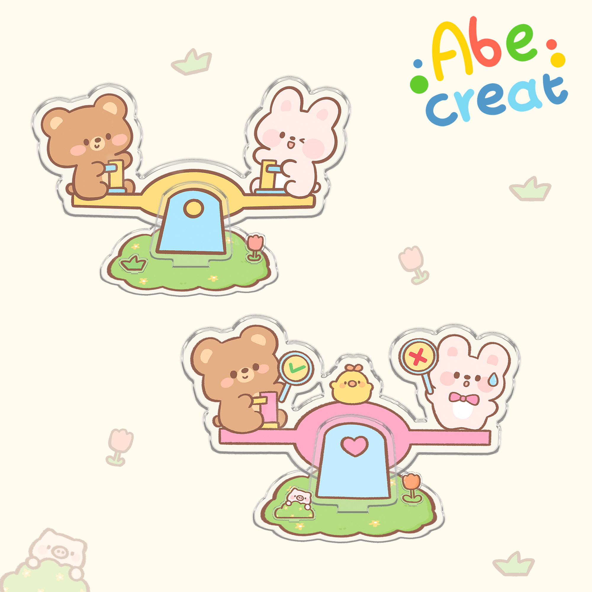 呱呱和乖乖跷跷板 | 必易玩具亚克力桌面立牌摆件礼物熊兔情侣用