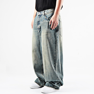 美式复古hiphop宽松dirty fit做旧基础水洗重磅嘻哈肥大牛仔长裤
