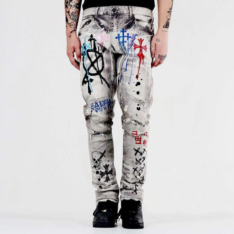 街头hiphop异色水洗刺绣烫钻摇滚青年印花修身高街小脚牛仔长裤