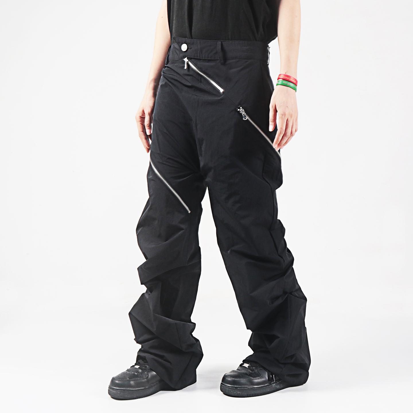 街头hiphop摇滚拉链拼接堆叠加长拼接美式喇叭重工复古牛仔长裤