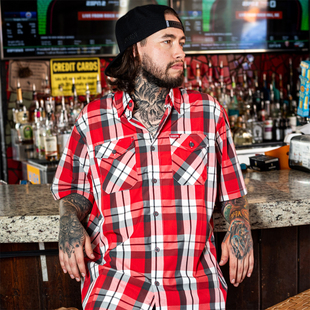 hiphop奇卡洛chicano斜阳落日红白拼接oversize嘻哈短袖格子衬衫