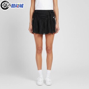 阿迪达斯三叶草女子2026夏新款时尚百搭蕾丝褶皱小黑裙短裙KU4761