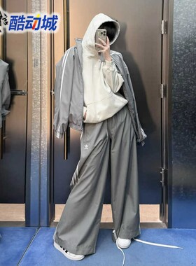阿迪达斯三叶草女裤经典条纹运动休闲宽松直筒长裤 JD3389 JD3390