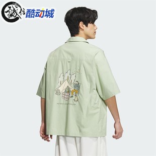 阿迪达斯男子野营风印花纯棉运动休闲短袖翻领衬衫 JL6056 JL6057