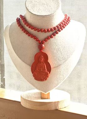 朱红砂坐立莲花观音配圆珠项链男女皆可带净瓶本命年佛像吊坠装饰
