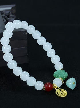 新款白色圆珠玻璃福字莲蓬手串清新可爱原创简约福牌百搭款手链