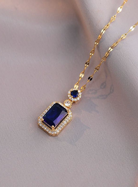 爆款宝蓝吊坠项链女轻奢名媛气质锁骨链子蓝色项链女士