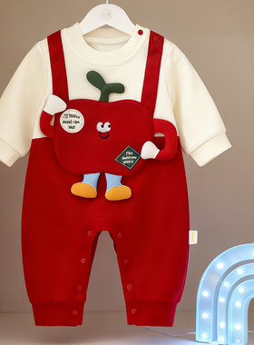 春季2026新款婴儿男女宝宝假两件连体衣红色爬服A类易穿脱0-1岁