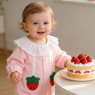 溯格2026新款女宝宝A类甜美连体衣粉草莓婴儿爬服易穿脱66-100码