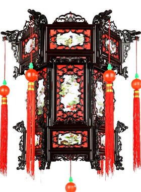 实木六角宫灯仿古灯笼电动旋转中式灯笼结典春节大红灯笼