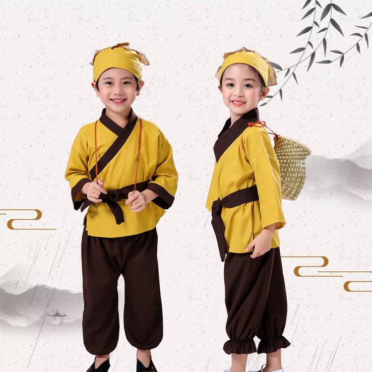 儿童古装小背篓摄影服孔融让梨孟母三迁守株待兔表演服才子演出服