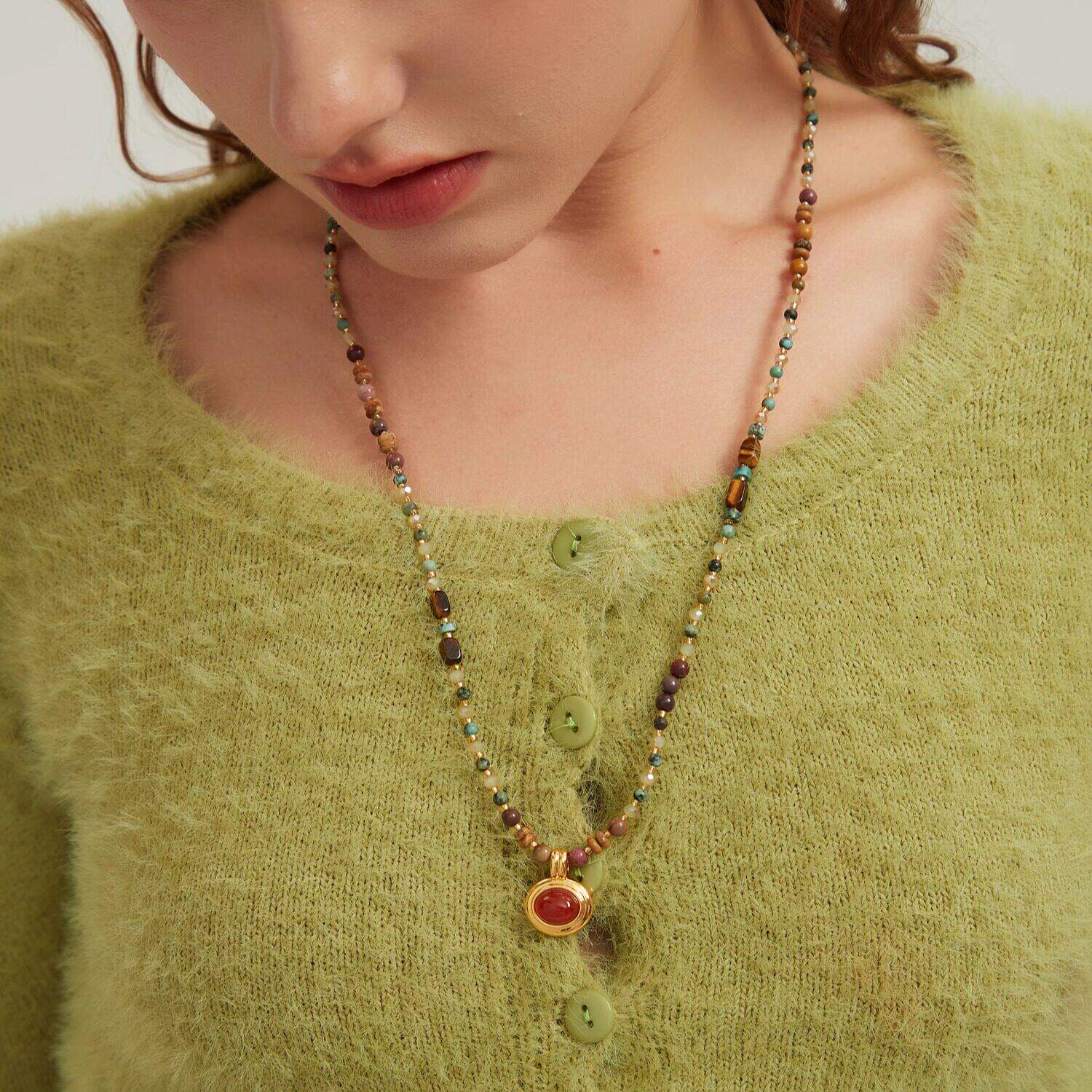 0度 天然石手工串珠项链女小众轻奢气质百搭长款毛衣链高级感配饰