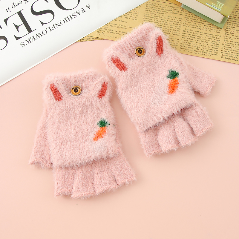 冬季儿童可爱毛绒翻盖手套学生保暖加绒半指卡通写字手套半指手套