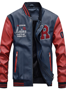 速卖通wish2021男装休闲皮夹克外套PU夹克棒球立领春秋男皮衣