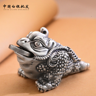 三足金蟾茶宠小摆件精品999纯银手把件文玩创意茶台茶具配件可养