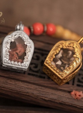 铜镀银拱门卷草噶乌盒吊坠项坠藏式镀金镶嵌宝石可打开情侣款式