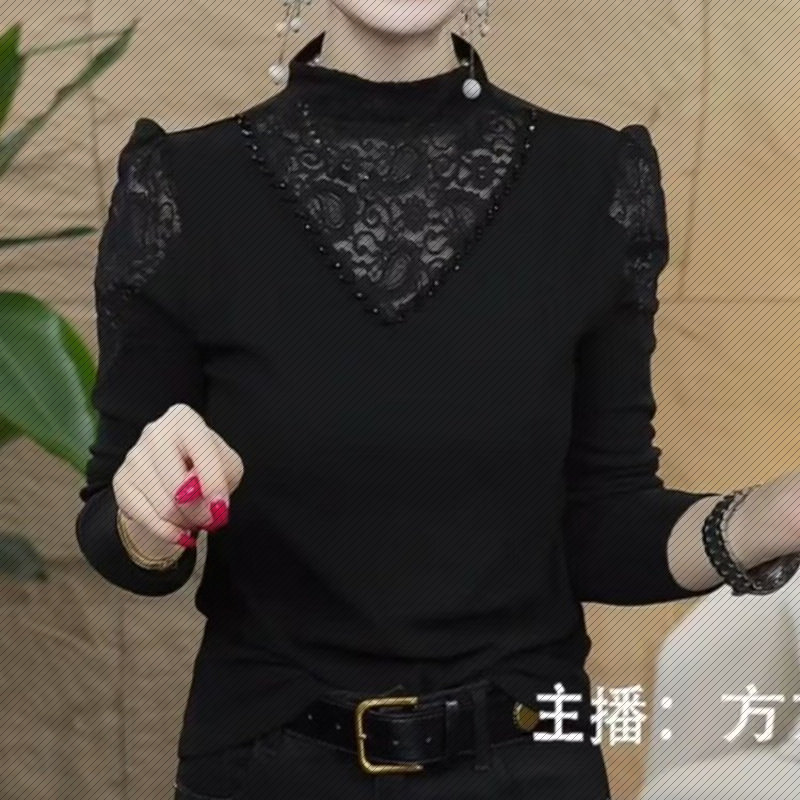爆款秋冬新款长袖上衣蕾丝打底衫镂空半高领百搭女装