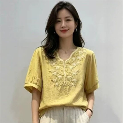 新款民族风短袖T恤中老年妈妈装减龄百搭休闲宽松小衫轻