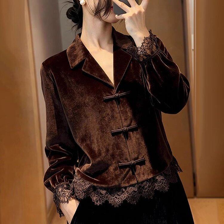 正品2026春季新款时尚新中式国风丝绒长袖盘扣外套上衣女