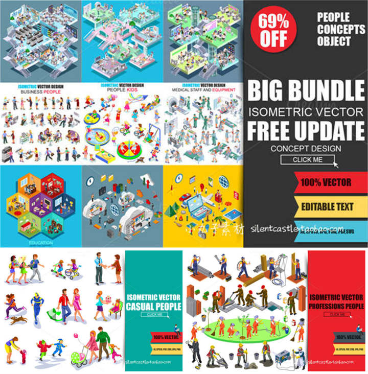 A0095矢量AI设计素材 扁平化Isometric轴测图场景学校医院信息图