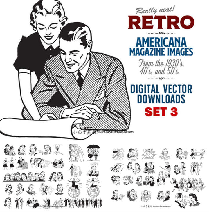 A0446矢量AI设计素材1930-1950年代复古美国杂志波普人物头像插画