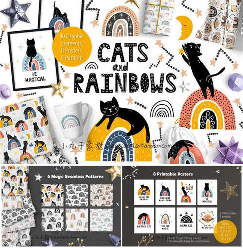A0427矢量AI设计素材 卡通猫咪彩虹插画卡片背景四方连续花纹+png